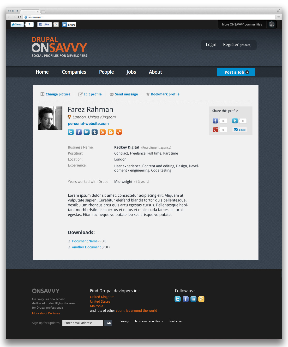 Drupal on Savvy profile page